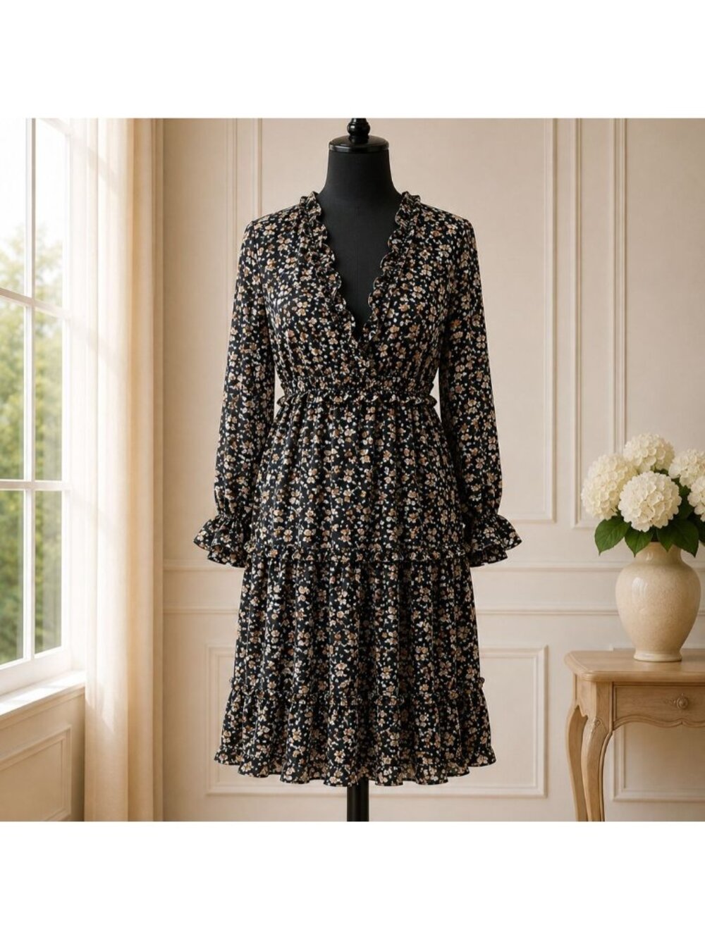 Boohoo Plus Black Floral Ruffle Midi Dress Women's 16 Long Sleeve Tiered